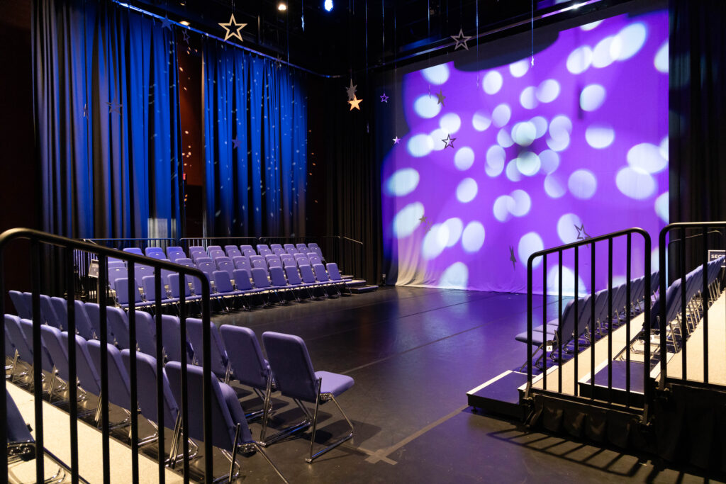 A three-quarter view of the screen at the Arts United ArtsLab black box theater.