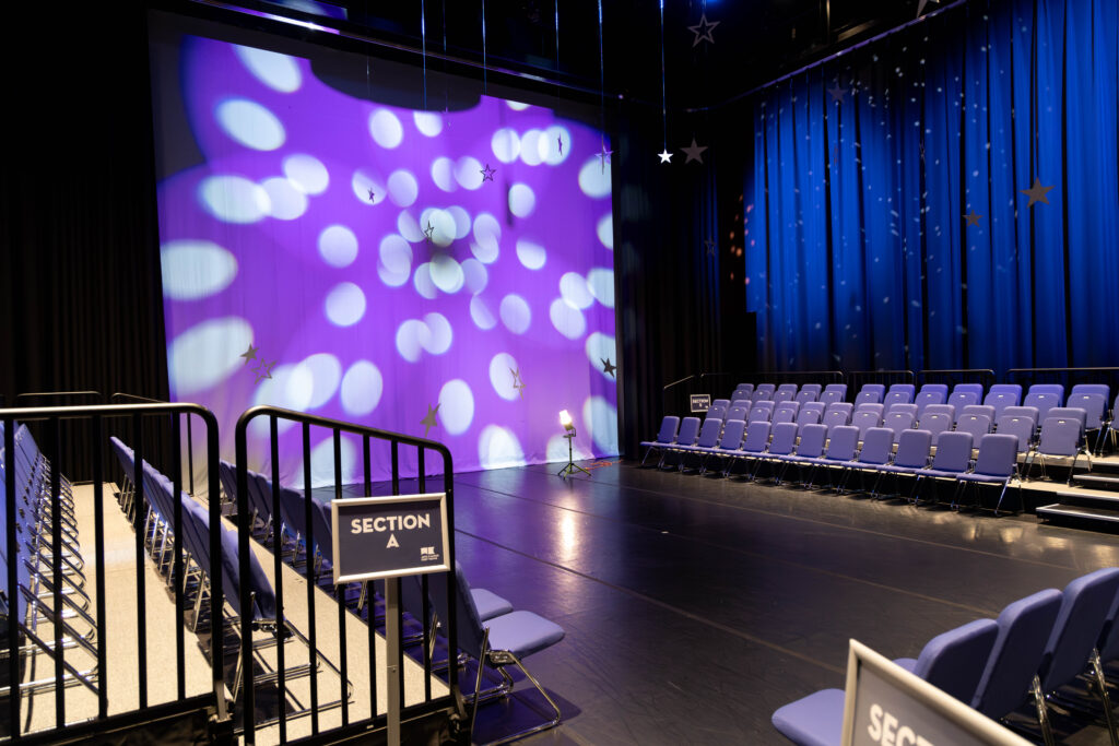 A three-quarter view of the auditorium at the Arts United ArtsLab black box theater.